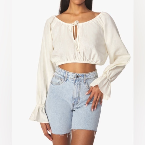 NWT WeWoreWhat On/Off Shoulder Tie Front Linen Blend Top - Picture 2 of 6